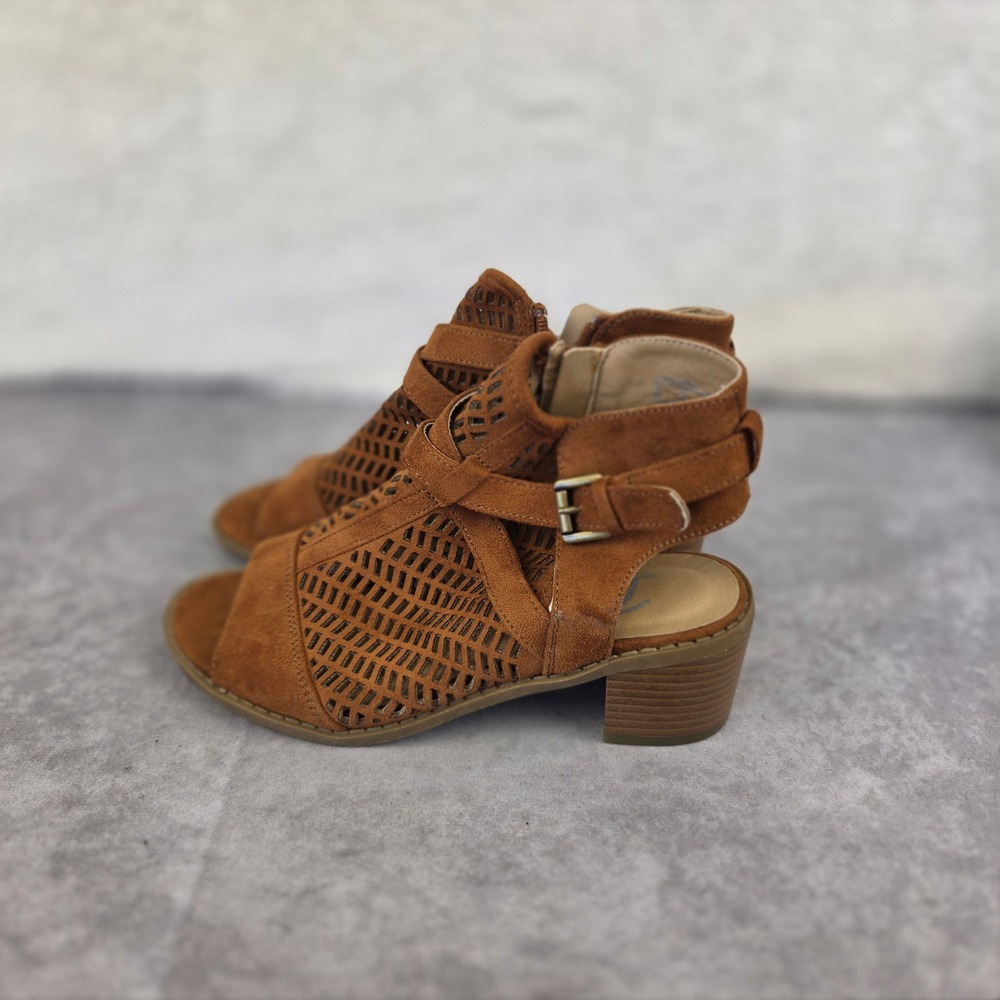 Cognac Perforated Open Toe Block Heel Ankle Booties Brown Faux Suede Size 6